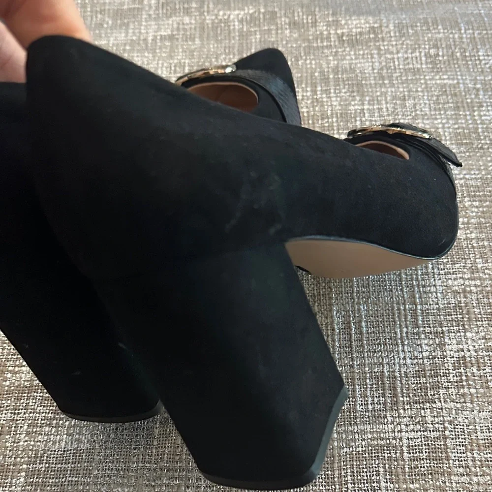 Michael By Michael Shannon Izabella Black Suade Block Heels Shoes with Buckle